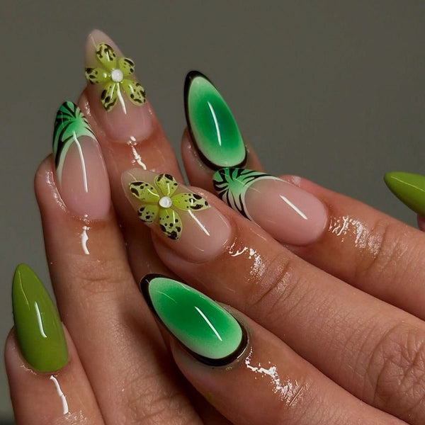 Green floral press ons
