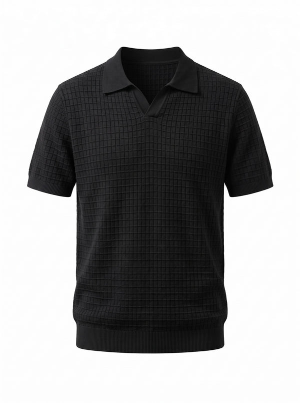 Grid Knit Open-Collar Polo — Black