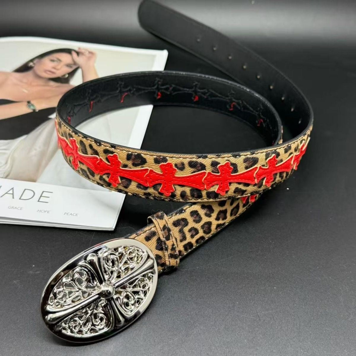 Leopard Chrome Cross Leather Belt