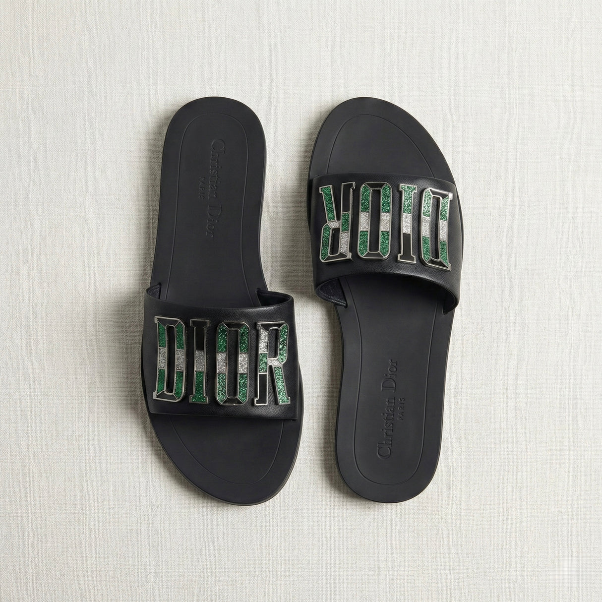 DIOR Glitter Logo Slide Sandals - Black/Green