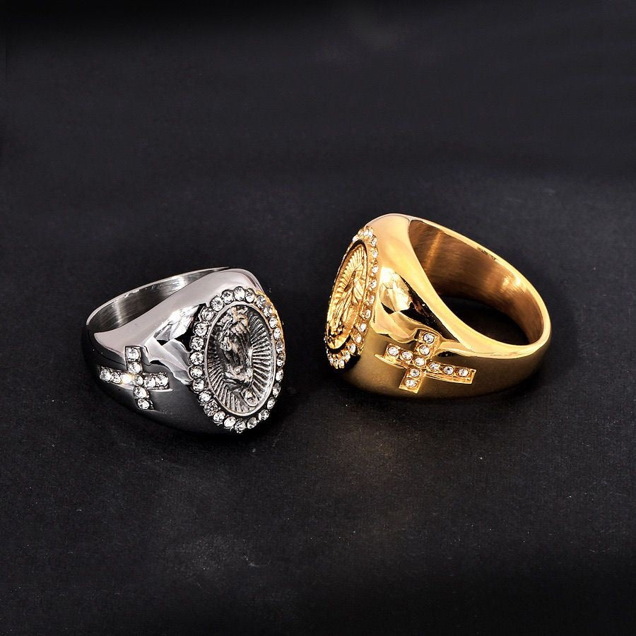 Virgin Mary & Cross Oval Signet Ring