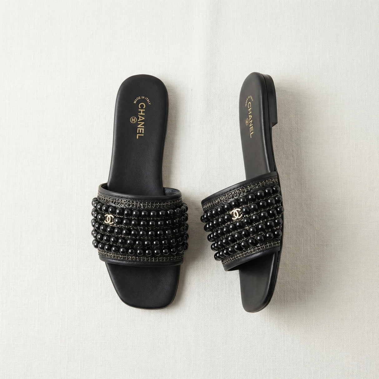All Black CHANEL Pearl-Embellished Slide Sandals