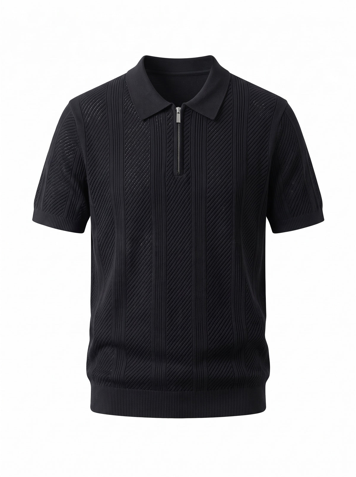 Textured Zip Knit Polo — Black