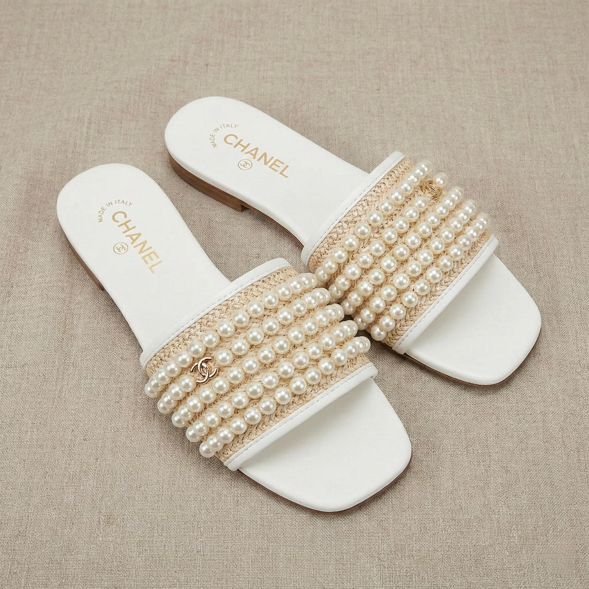 CHANEL Raffia & Pearl Slide Sandals