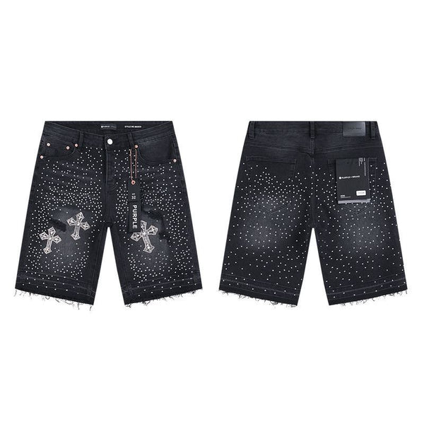 Black rhinestones cross denim shorts