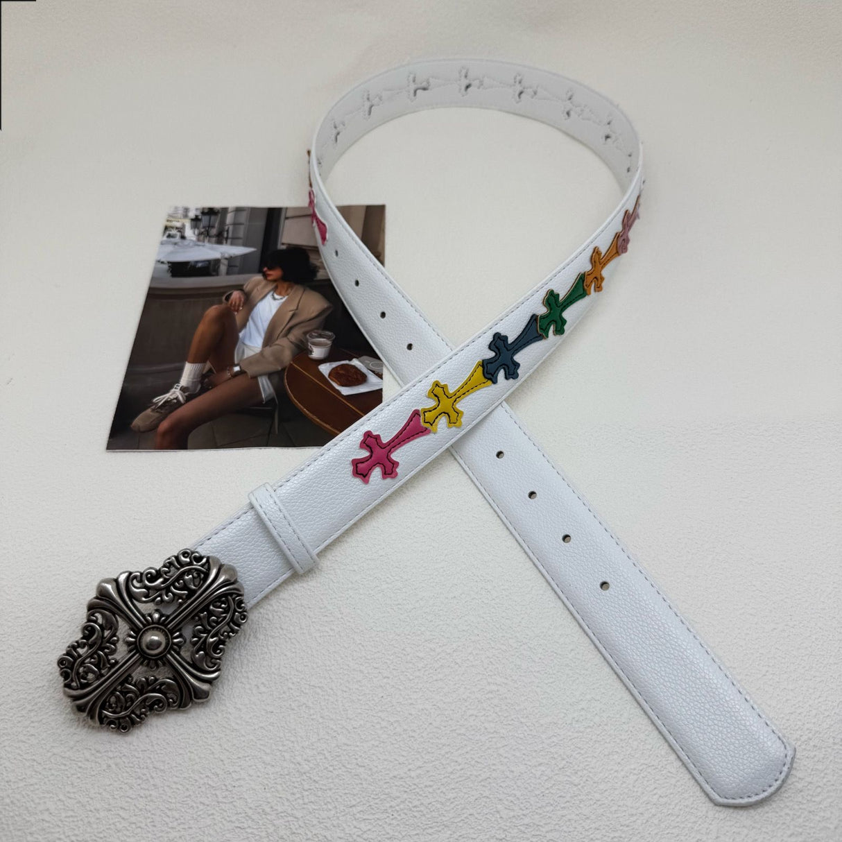 White Chrome Cross Leather Belt