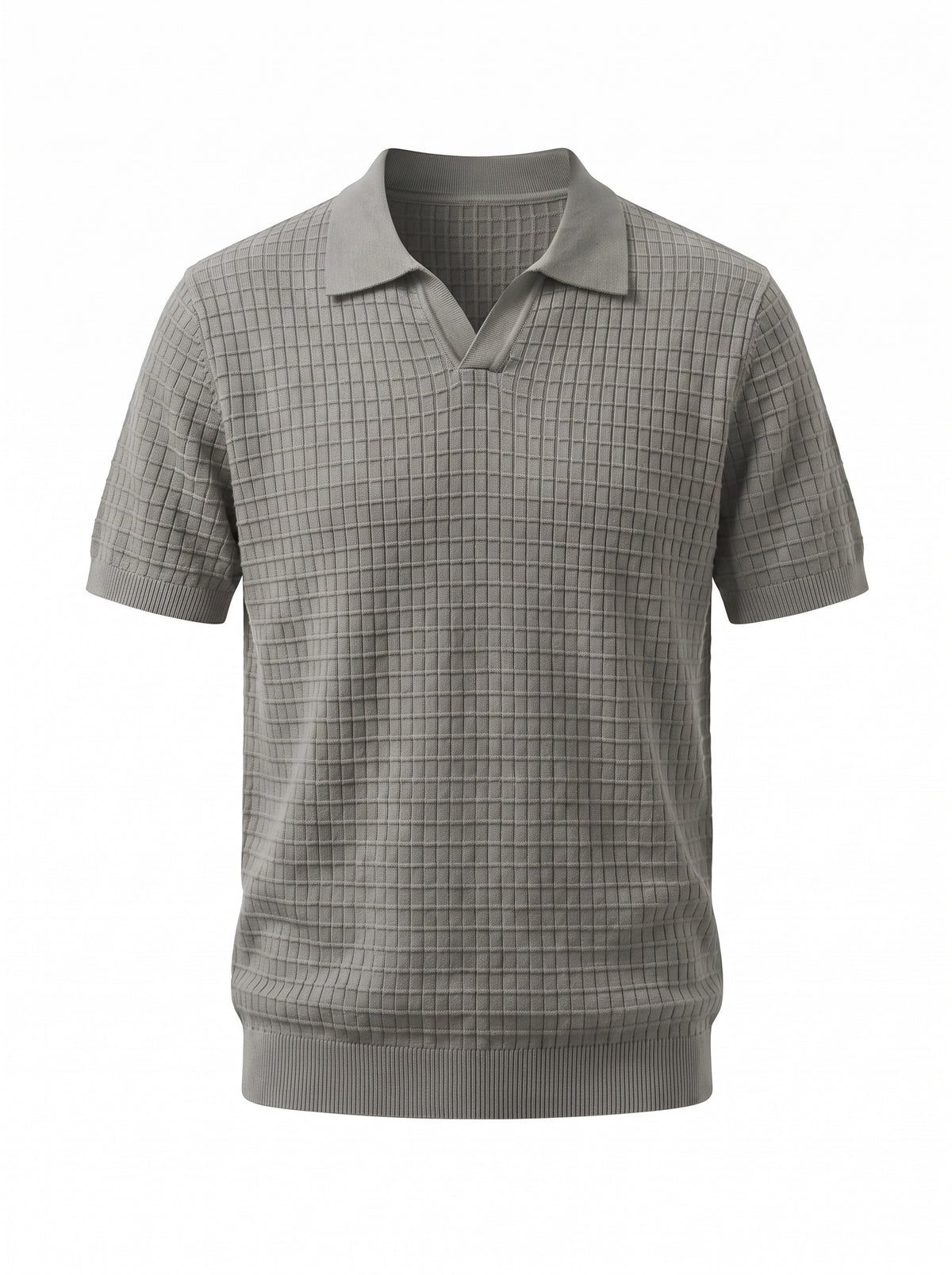 Grid Knit Open-Collar Polo — Grey