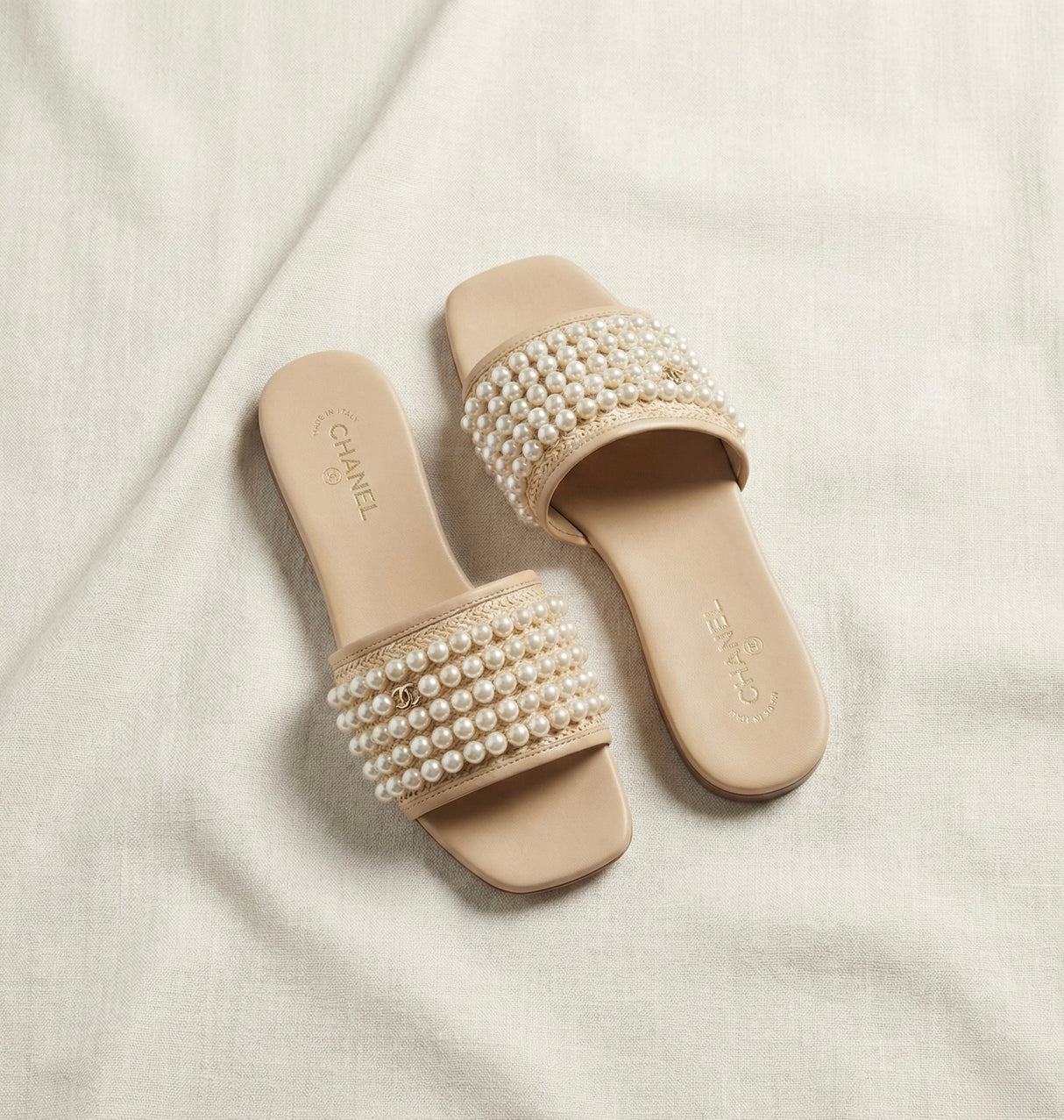 Beige CHANEL Raffia & Pearl Slide Sandals