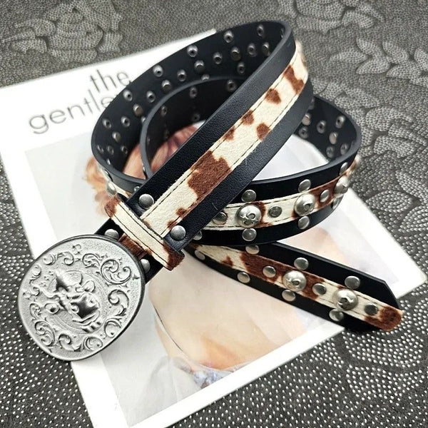 Cow print rivet Western buckle belt