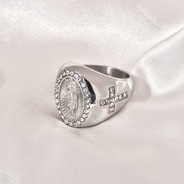 Virgin Mary & Cross Oval Signet Ring