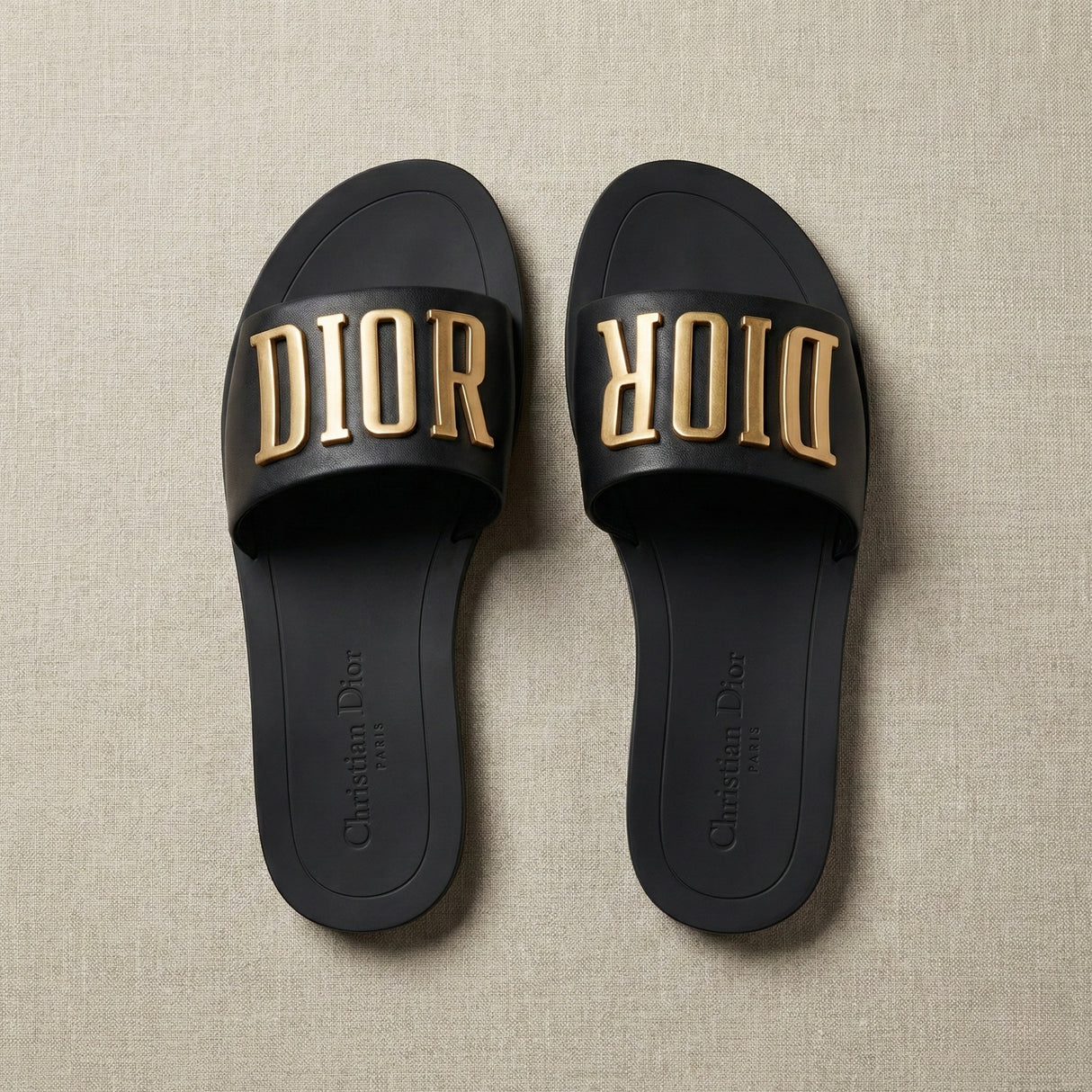 DIOR Gold Logo Leather Slide Sandals