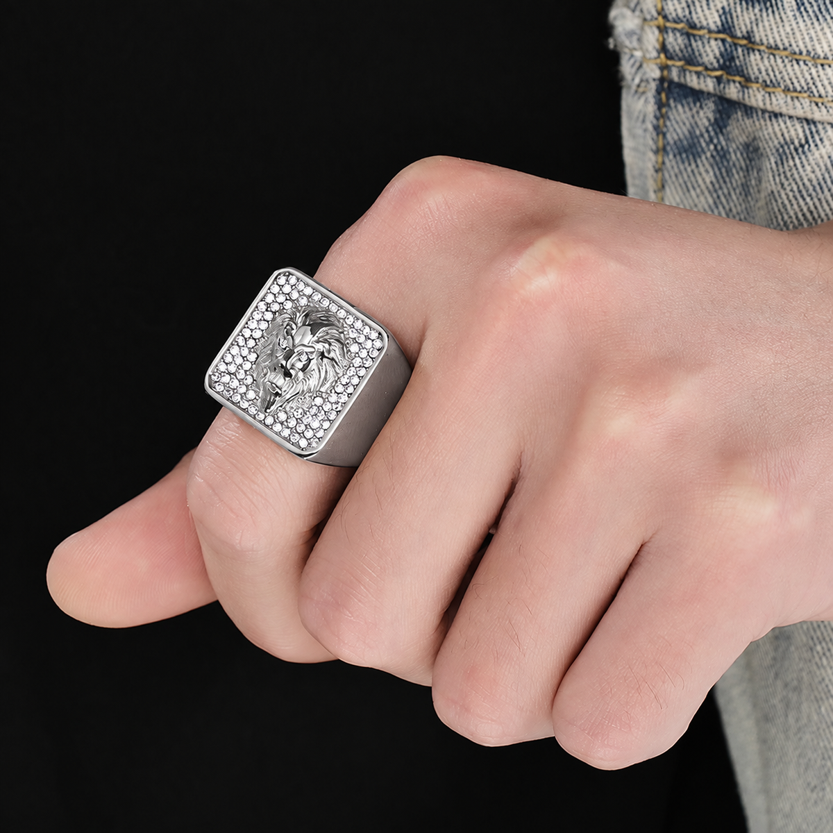 Silver Iced Lion Head Square Signet Ring