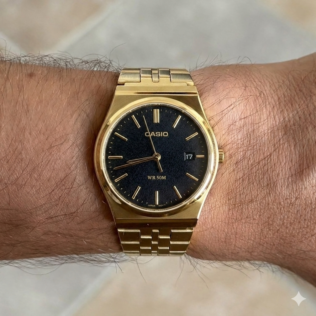 Gold & black circular Casio watch