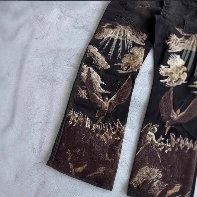Embroidered angels baggy jeans