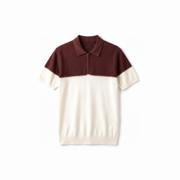Belugga Colour-Block Knit Polo — Brown / Cream