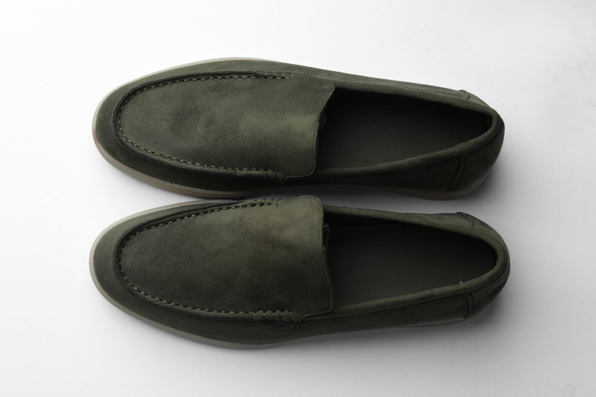 Belugga Terra Loafer in olive suede, pair viewed from above