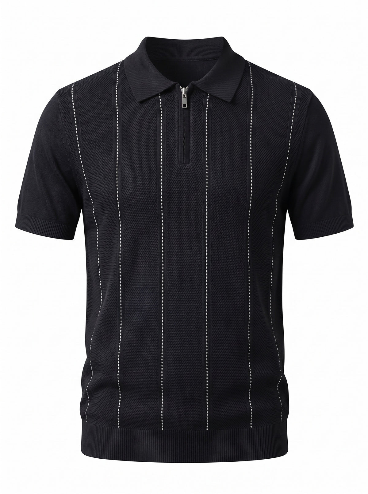Pinstripe Zip Knit Polo — Black