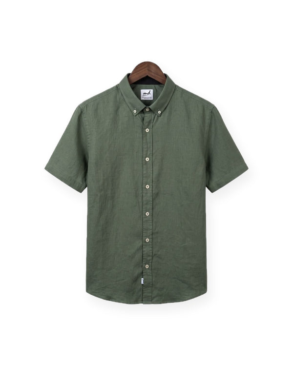 Short Sleeve Linen Shirt — Olive Green