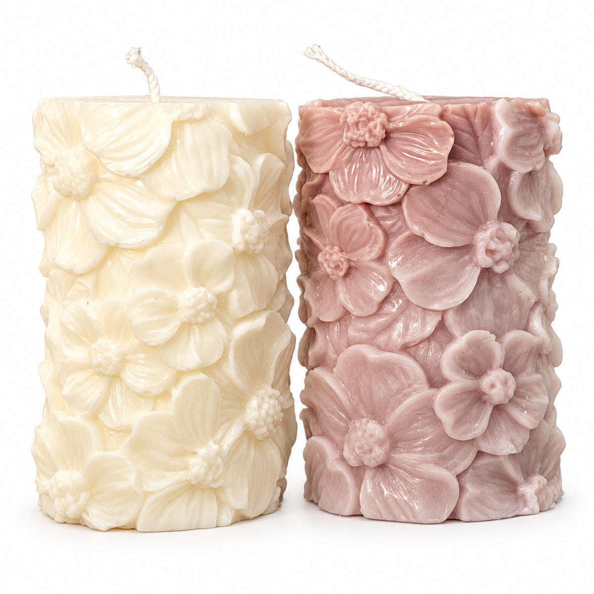 Floral Pillar Candles – ivory and dusty mauve flower-relief pillar candles, front view