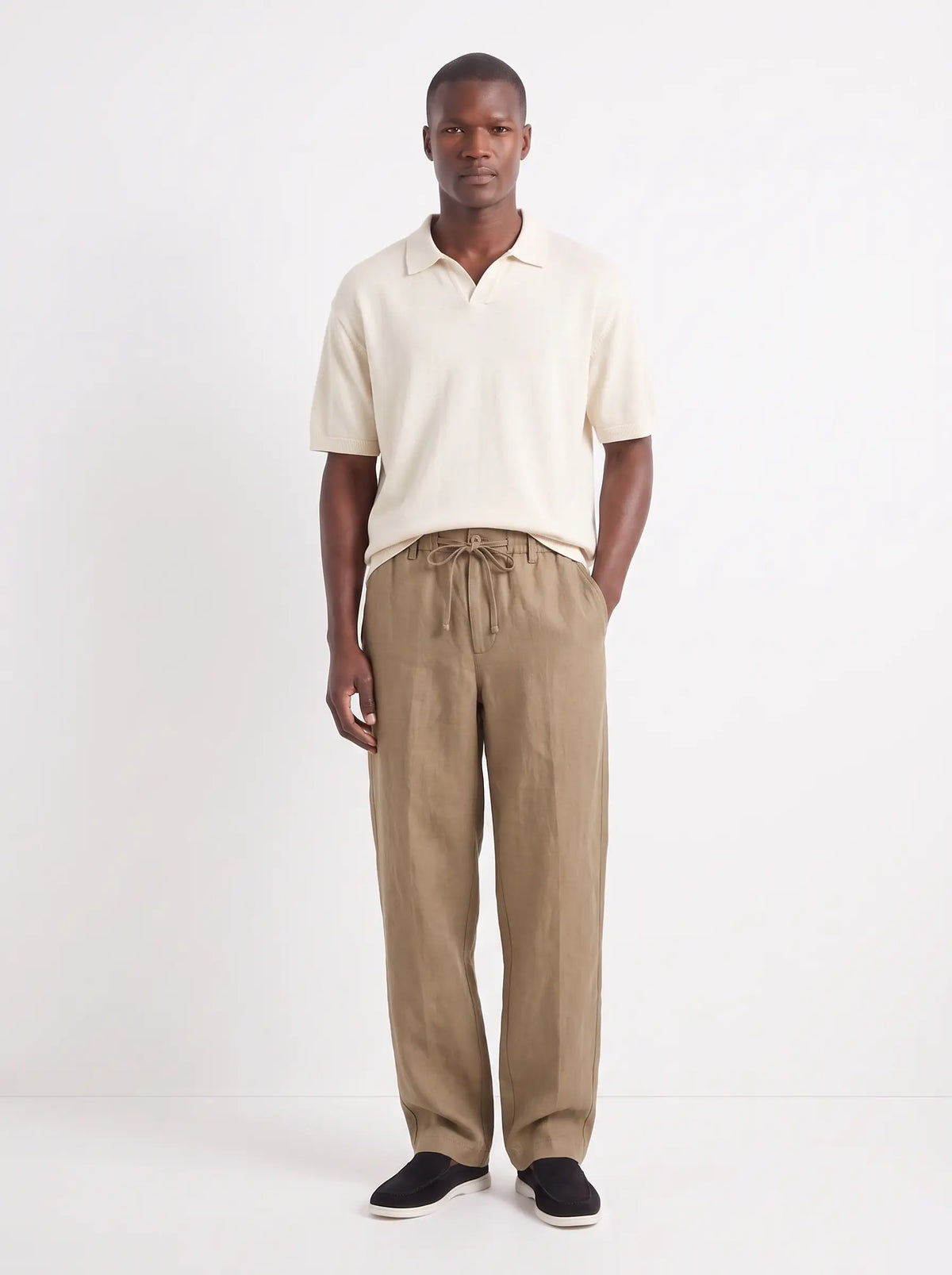 Heritage Linen Trouser — Khaki Tan — worn by the model, front (relaxed fit)