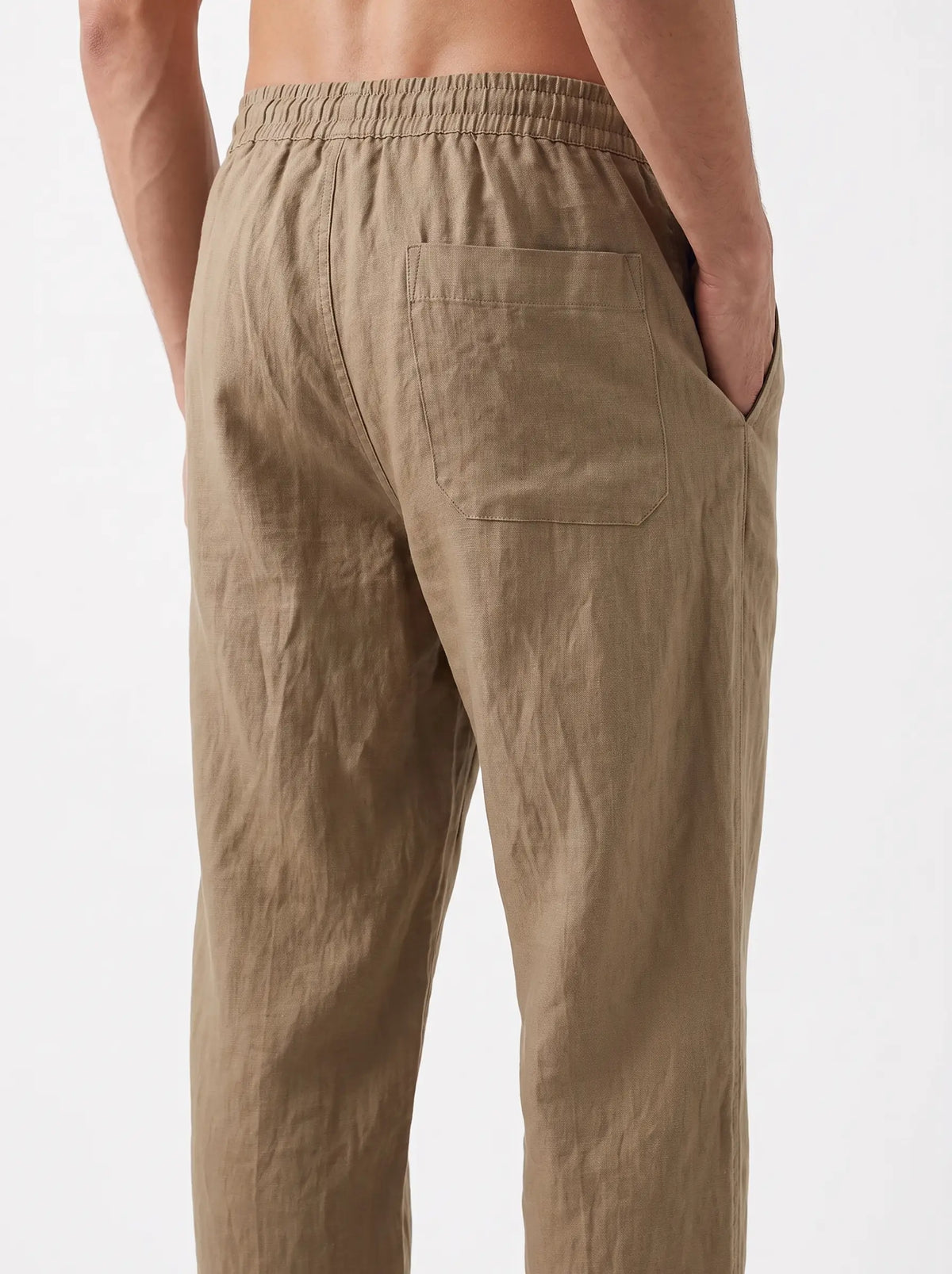 Heritage Linen Trouser — Khaki Tan — back pocket detail (relaxed fit)
