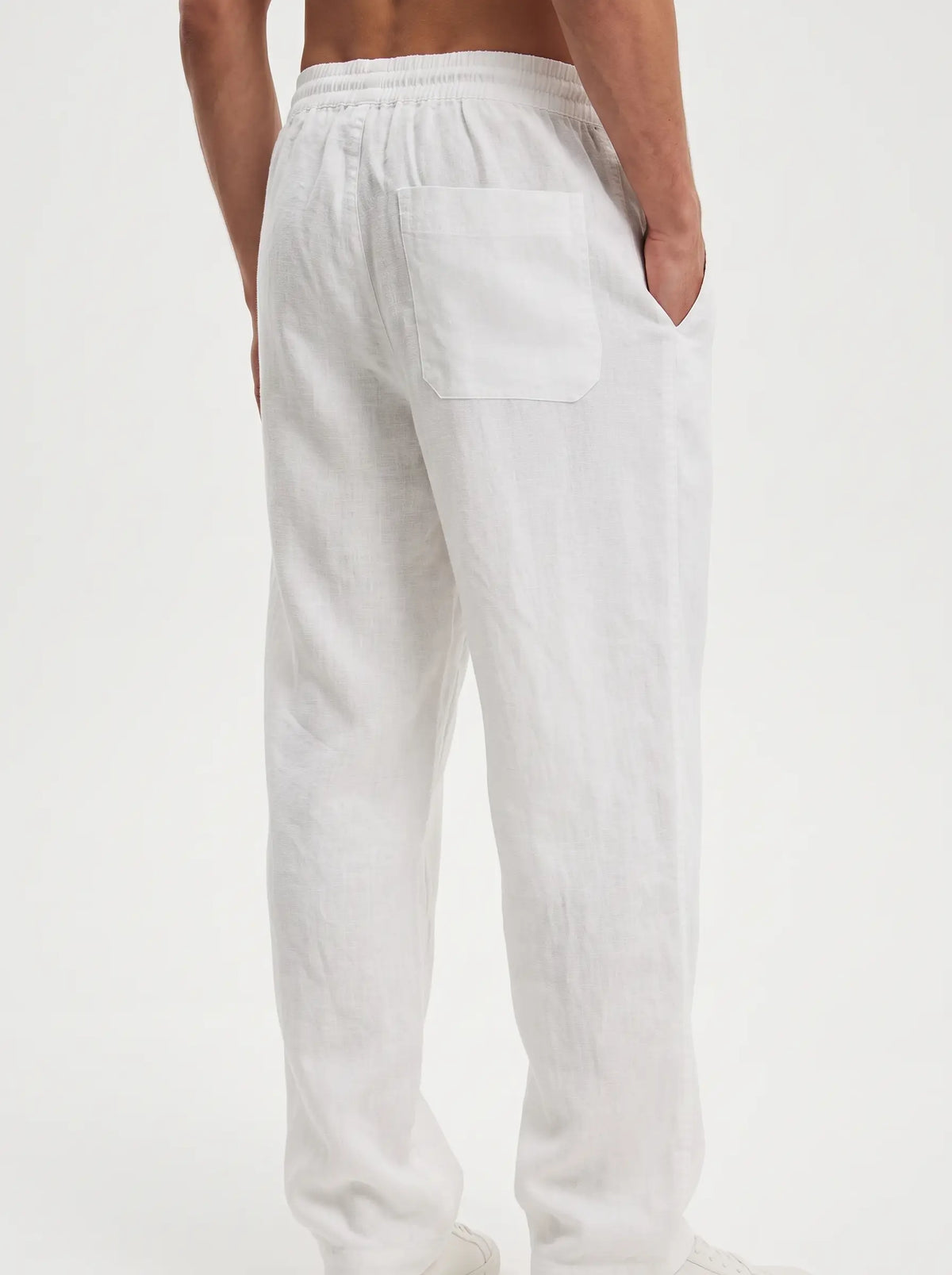Heritage Linen Trouser — White — back pocket detail (relaxed fit)