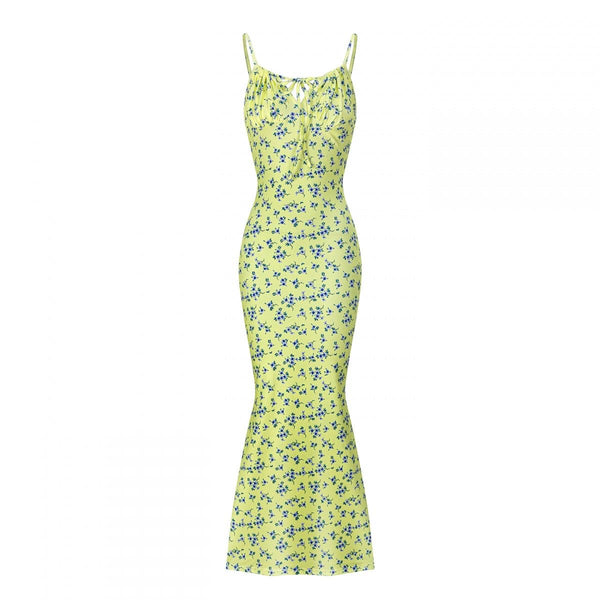 Yellow Ditsy Floral Mermaid Maxi Dress