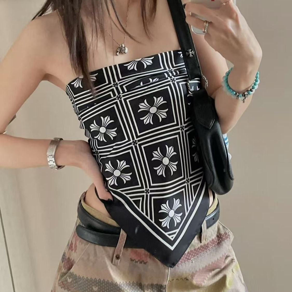 Black Cross Print Silk Bandana Scarf