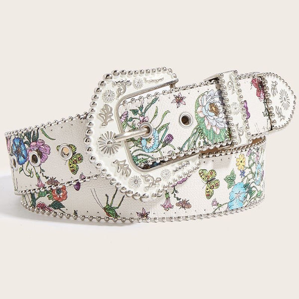 White Floral Rhinestone Belt