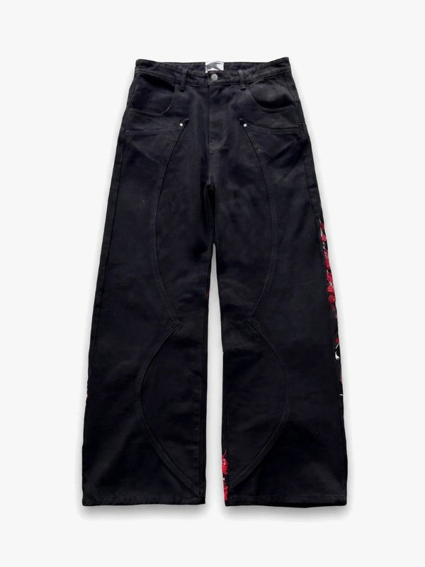Black Red Knight Embroidered Wide Leg Jeans