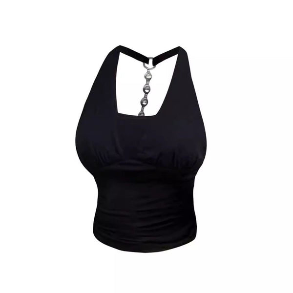 Black Halter Crystal Chain Back Tank Top