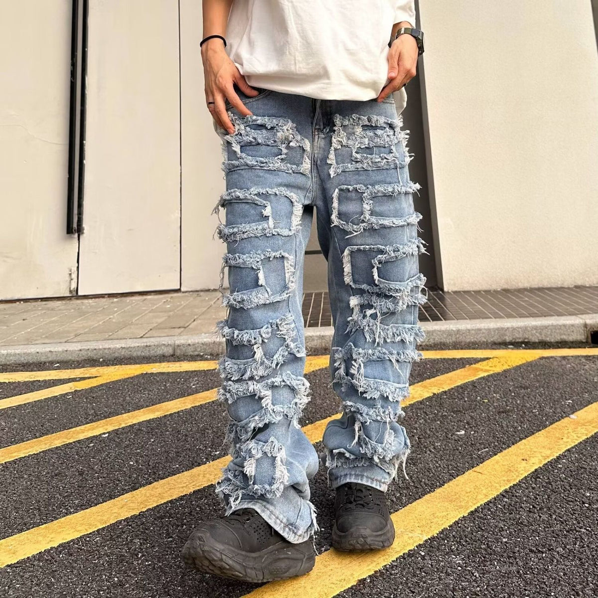 Light Blue Distressed Patch Skinny Jeans