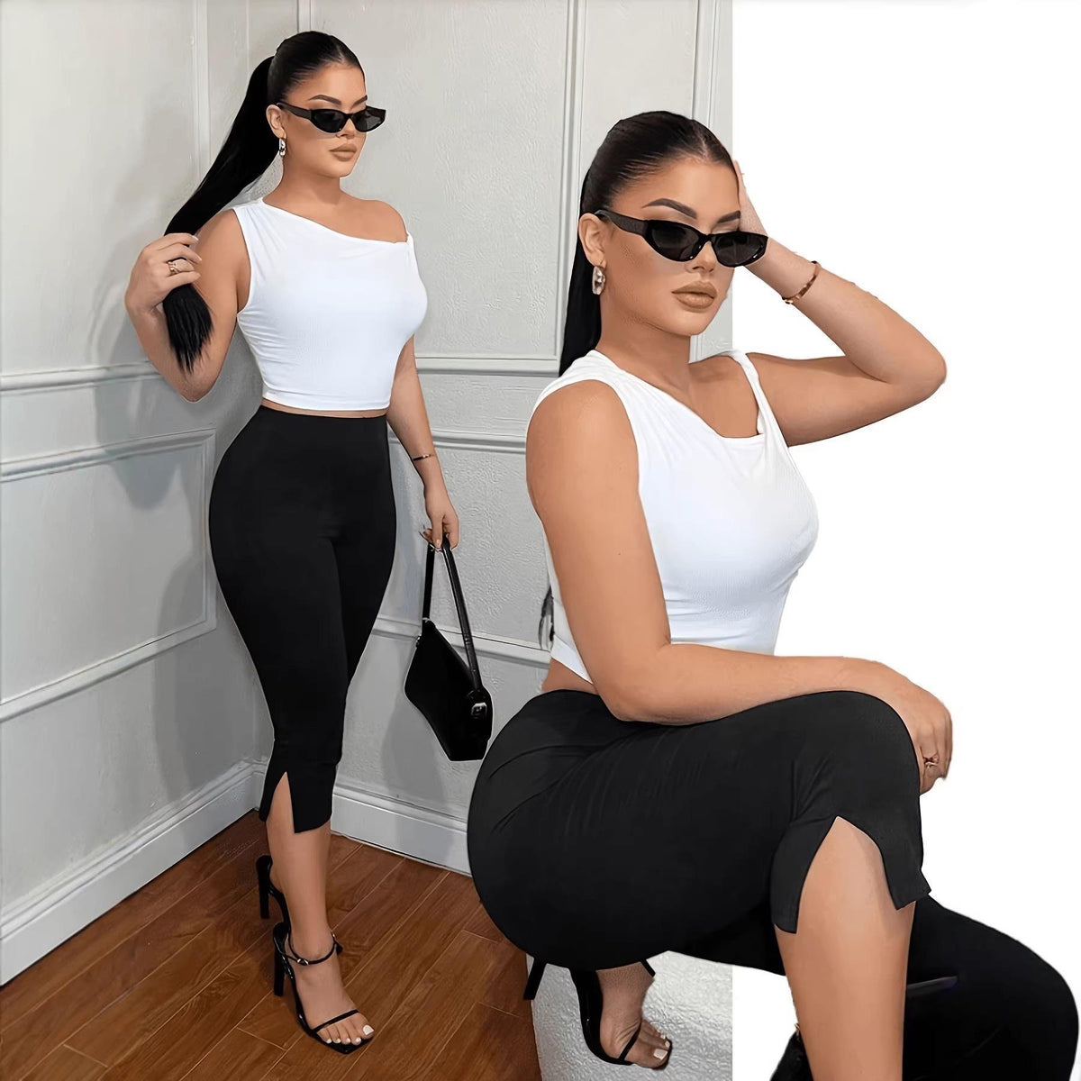 Black Slit Hem Stretch Pants