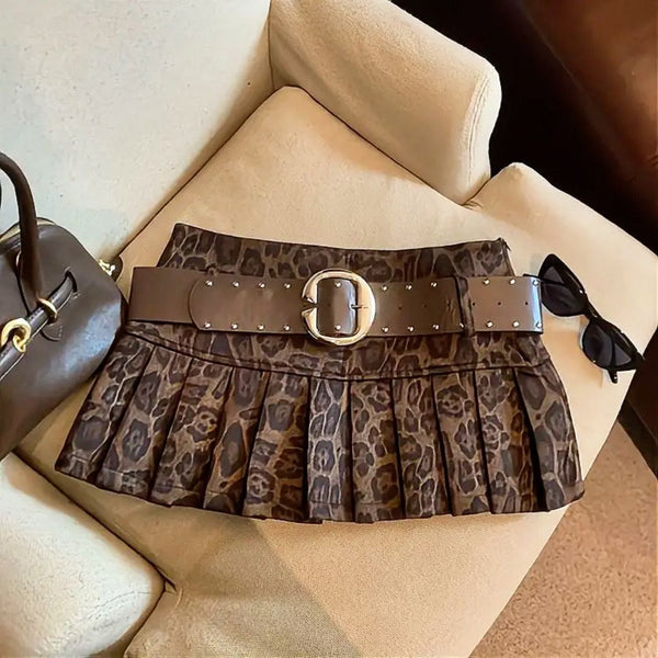 Leopard pleated demin mini skirt(no belt)