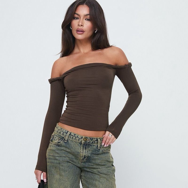 Brown Off-shoulder fitted top