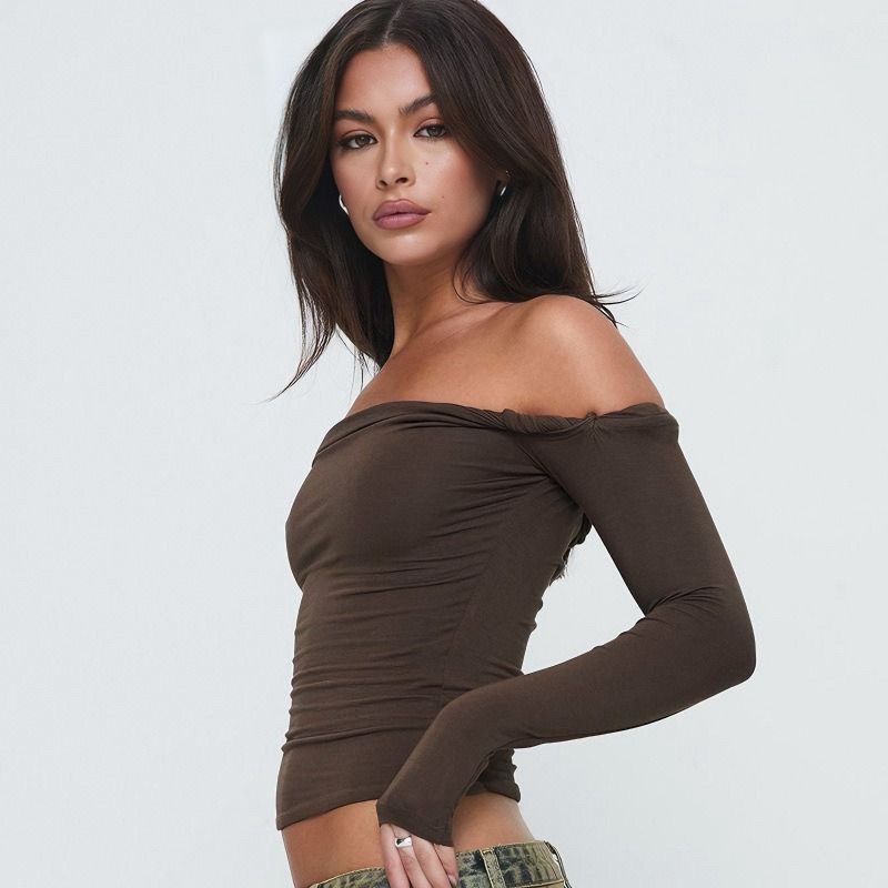 Brown Off-shoulder fitted top