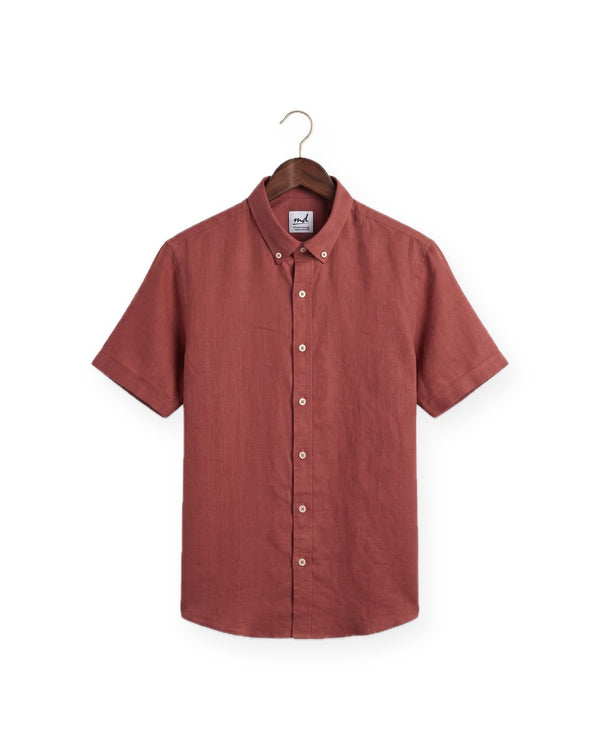 Short Sleeve Linen Shirt — Brick Red