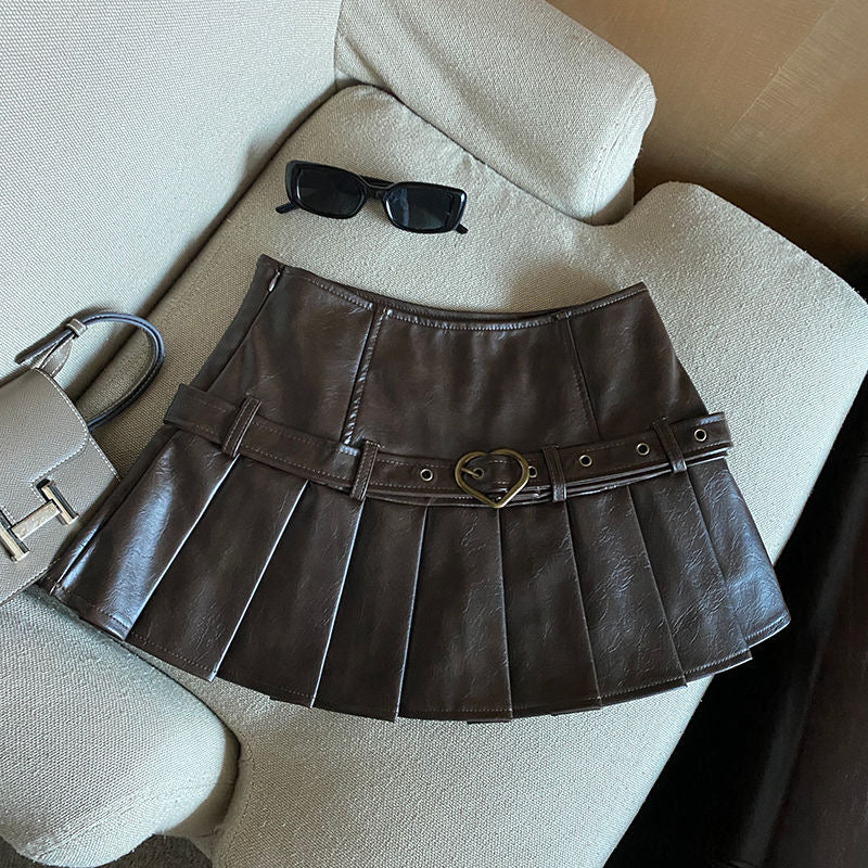 Brown PU Leather Pleated Mini Skirt with Heart-Buckle Belt