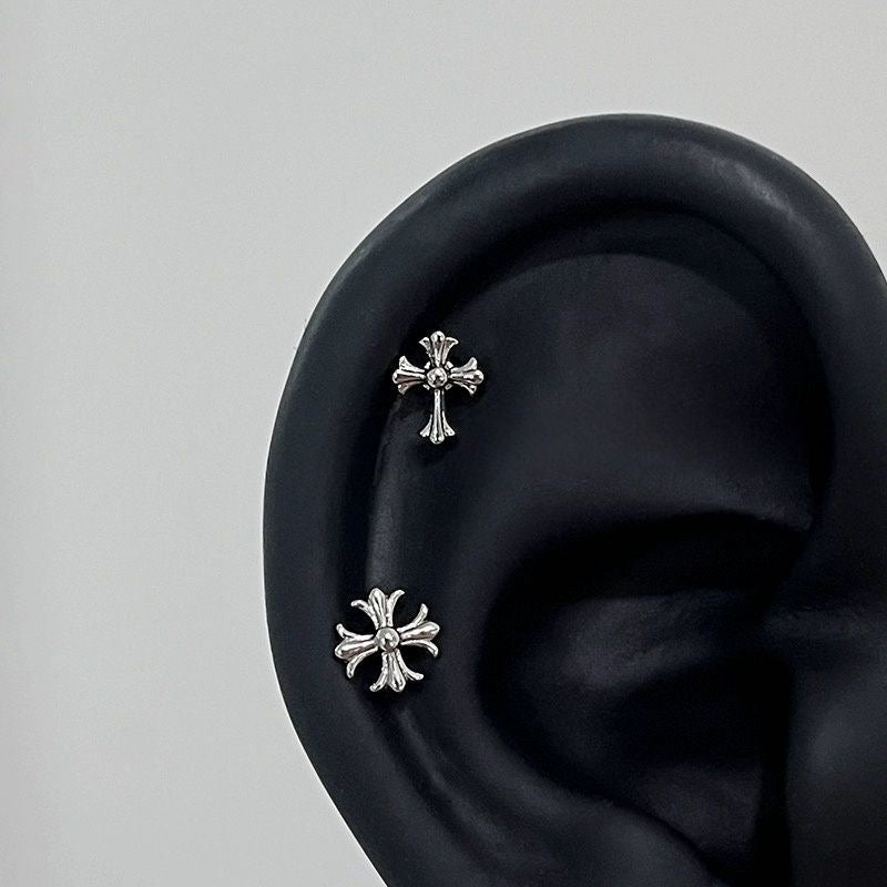Silver Cross Cartilage Stud Set
