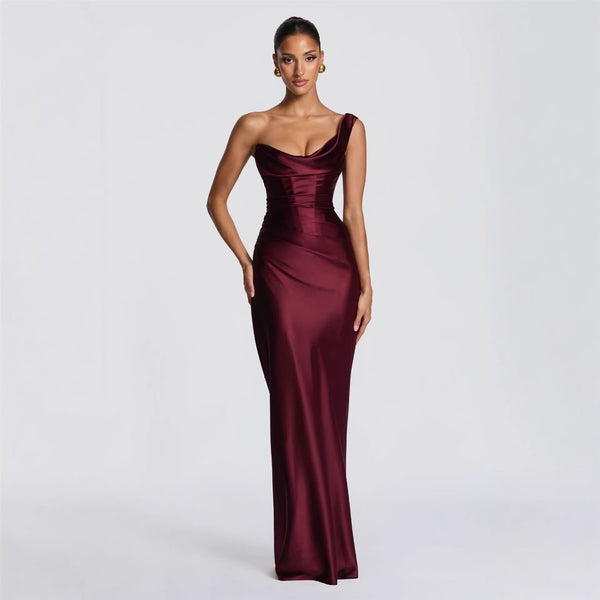 Burgundy Asymmetrical Satin Gown