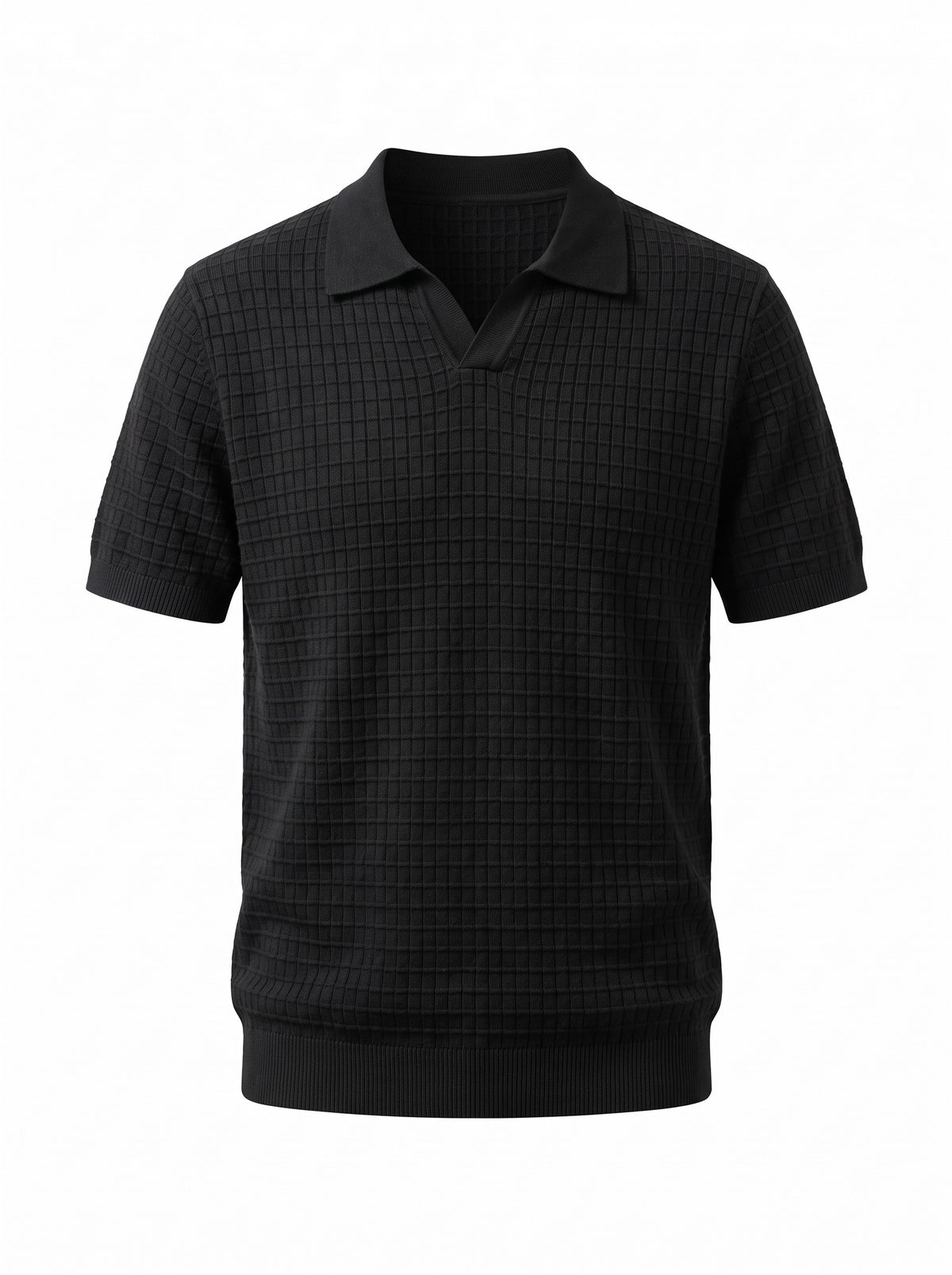 Grid Knit Open-Collar Polo — Black