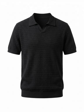Grid Knit Open-Collar Polo — Black