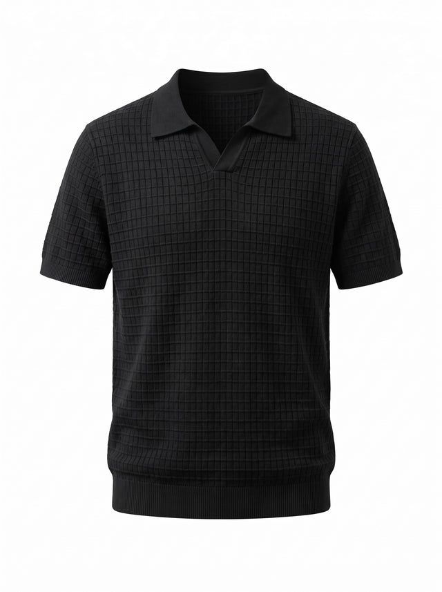 Grid Knit Open-Collar Polo — Black