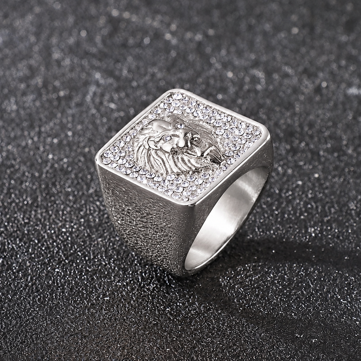 Silver Iced Lion Head Square Signet Ring