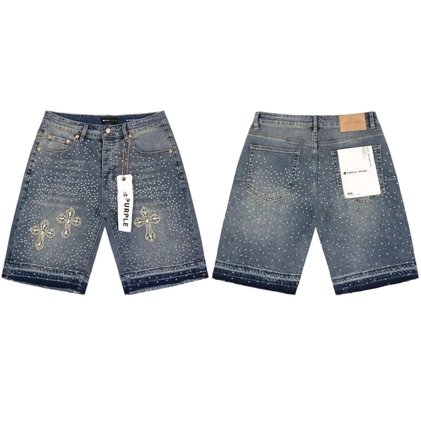 Blue rhinestones cross denim shorts