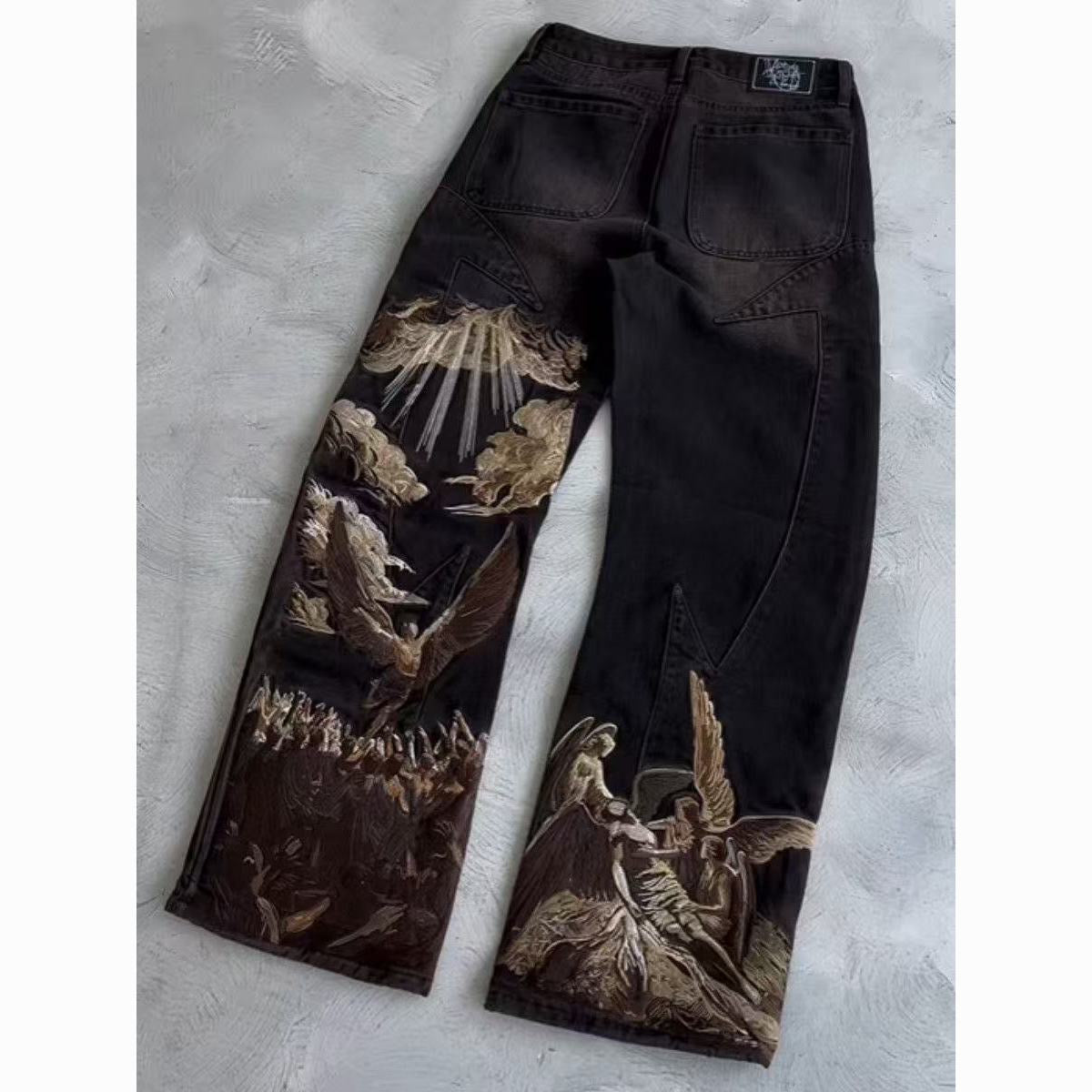 Embroidered angels baggy jeans