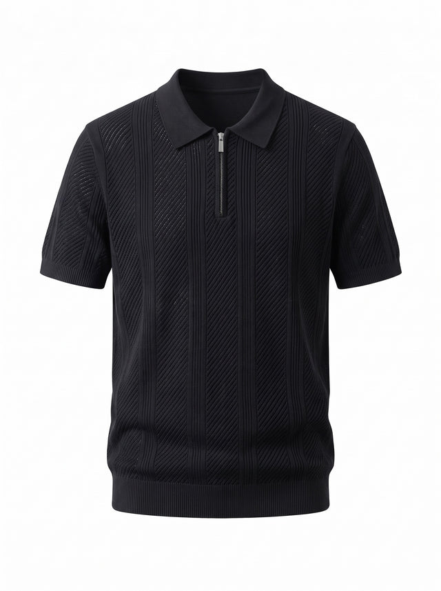 Textured Zip Knit Polo — Black