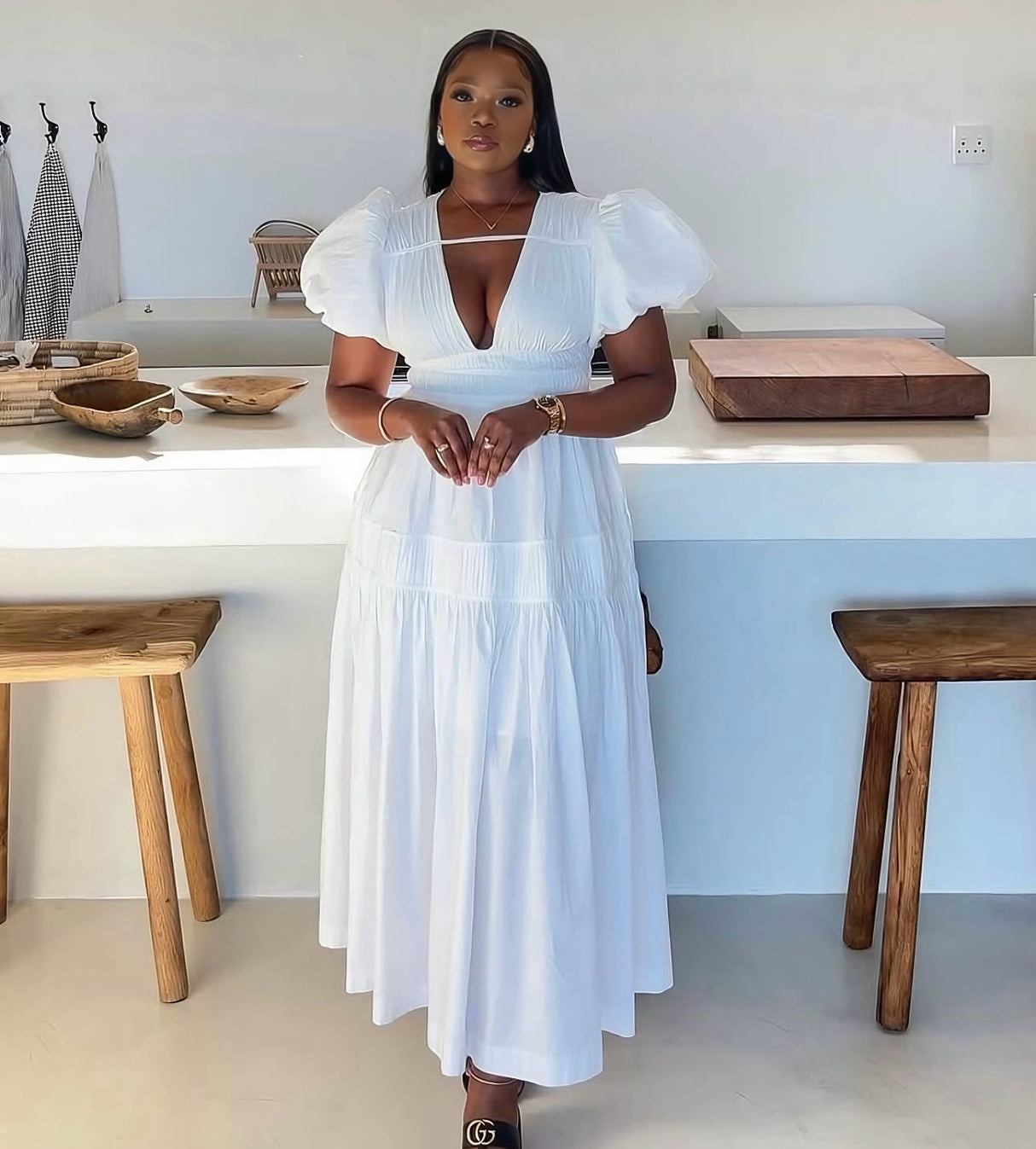 White shoulder long dress