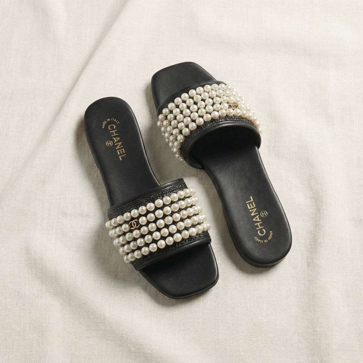 Black CHANEL Pearl-Embellished Slide Sandals
