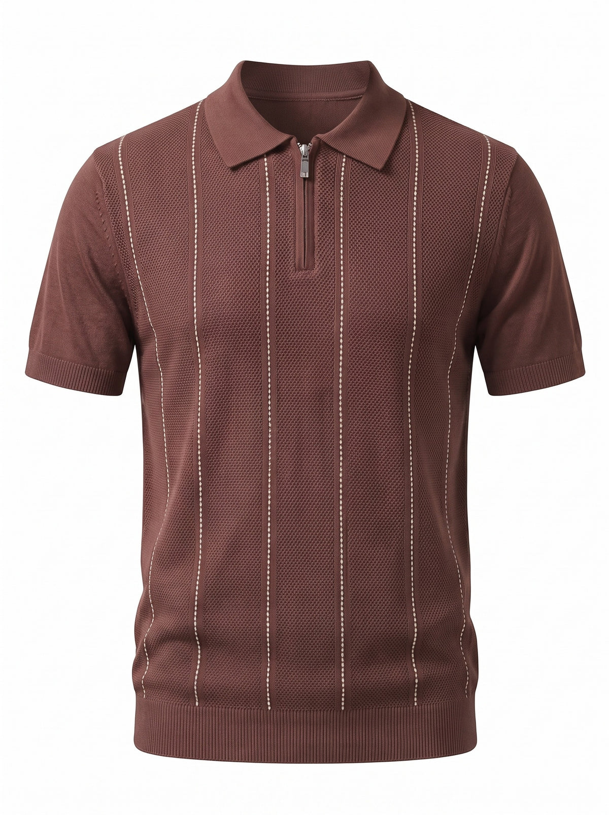 Pinstripe Zip Knit Polo — Brown
